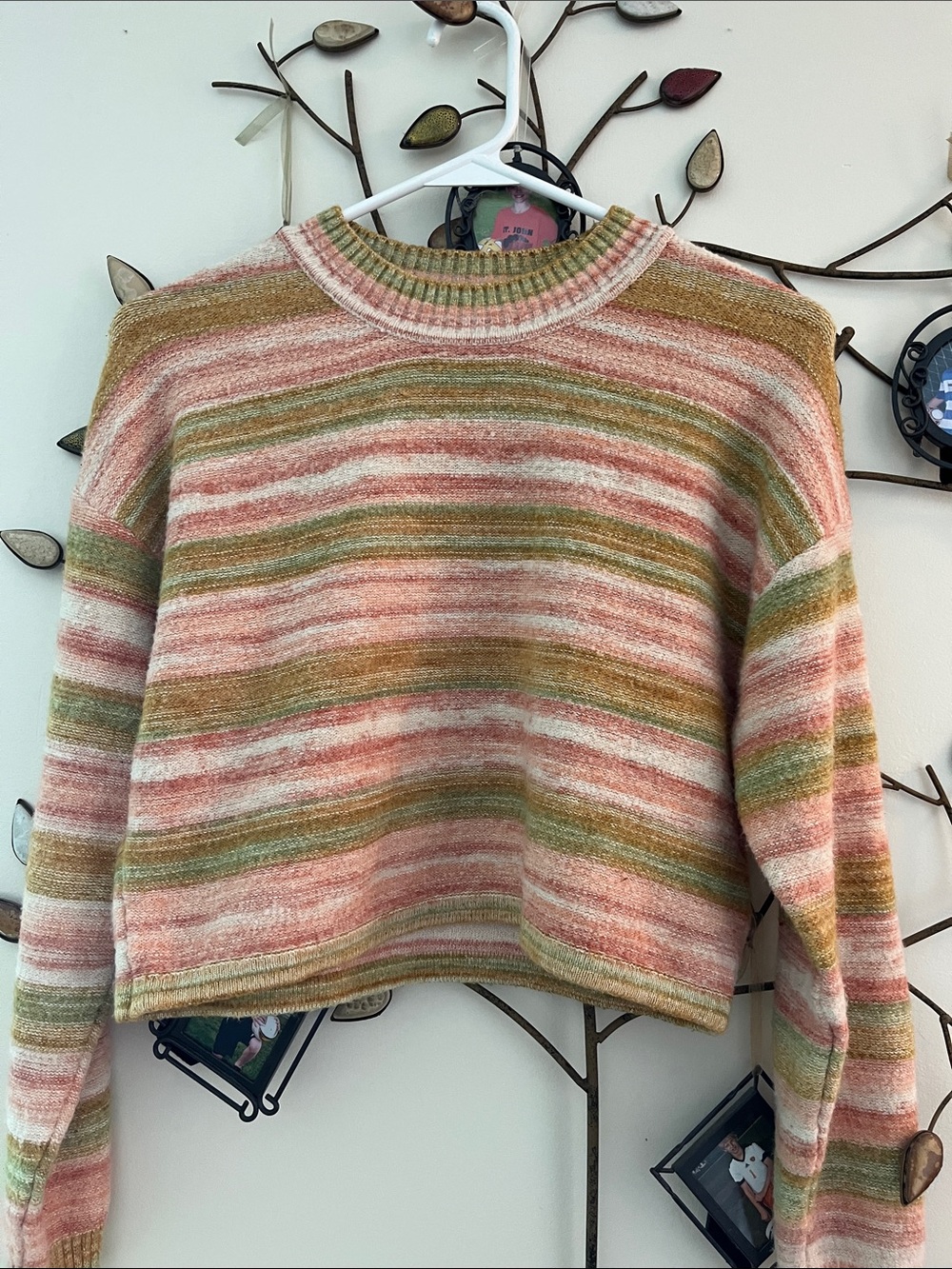 Billabong Cropped Striped Crewneck Sweater in Pink, Olive & Cream - Picture 1 of 3
